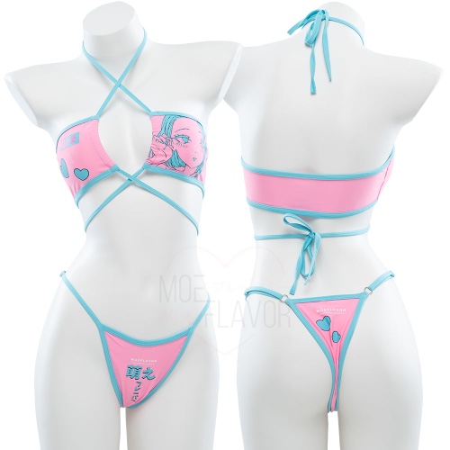 Love - Retro Charm Anime Swimsuit - Blue & Pink / XS/S