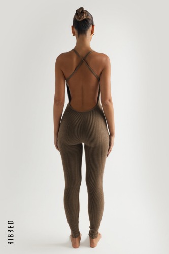 Katy Ribbed Jumpsuit - Brown | Small