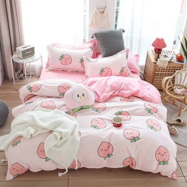 Cartoon Duvet Cover Set King Pink Peach Bedding Set Kid Kawaii Bedding Set Girl Lovely Peach Comforter Cover Cute Fruits Quilt Cover Tropical Plant Bedding Reversible Soft Bedspread Cover Room Decor