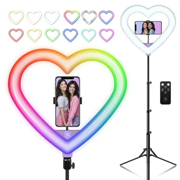 Dixie & Charli 13" Heart Shaped Color LED Ring Light Cell Phone Holder with 63" Tripod Stand and Wireless Remote - 