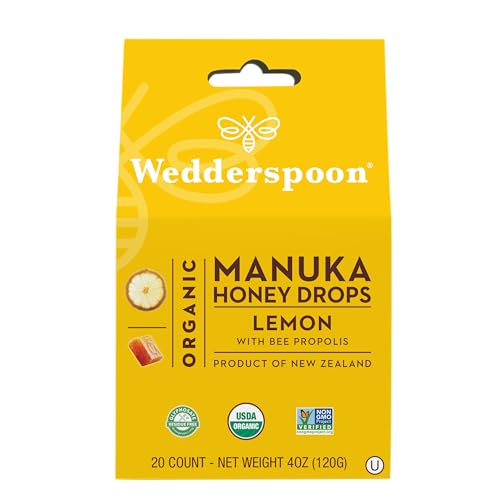Wedderspoon Organic Manuka Honey Drops, Lemon & Bee Propolis, 20 Count (Pack of 1) | Genuine New Zealand Honey | Perfect Remedy For Dry Throats - Lemon - 4 Ounce (Pack of 1)
