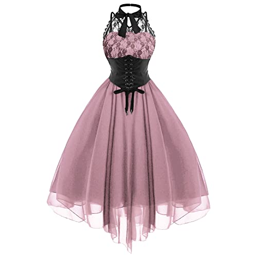 AMhomely Summer Dresses for Women UK Clearance Ladies Gothic Sexy Banquet Festival Dress Lace Chiffon Dress Baggy Loose Midi Wedding Guest Dresses Summer Shift Dress Gothic Clothes Sale - S - Pink