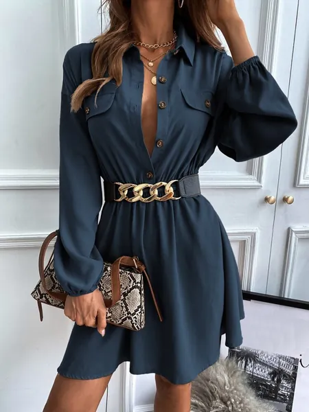 SHEIN Unity Lantern Sleeve Flap Detail Shirt Dress Without Belt