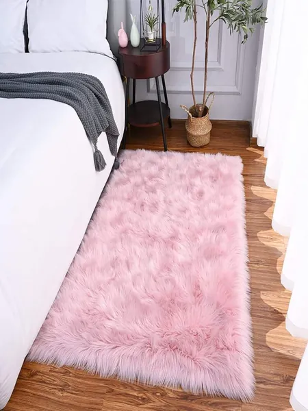 1pc Solid Color Pink Rug, Modern Polyester Fluffy Floor Carpet For Home