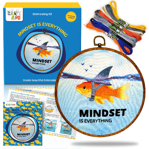 CRAFTILOO Learn The Stitches Goldfish Mindset is Everything DIY Embroidery kit for Beginners with Stamped Embroidery Patterns Starter Kit. Needlepoint Cross Stitch Kits for Beginners Adults