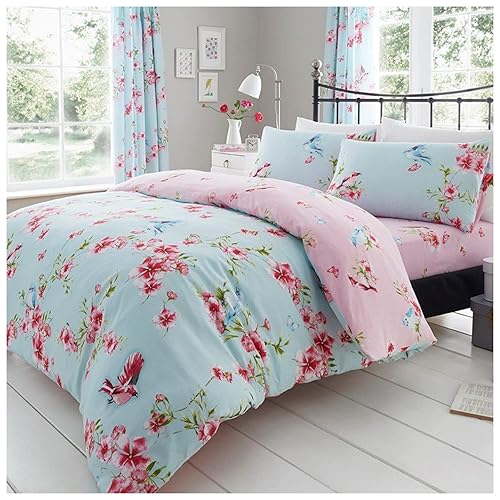 Gaveno Cavailia Luxury BIRDIE BLOSSOM Bed Set with Duvet Cover and Pillow Case, Polyester-Cotton, Blue, Double - Double - Blue
