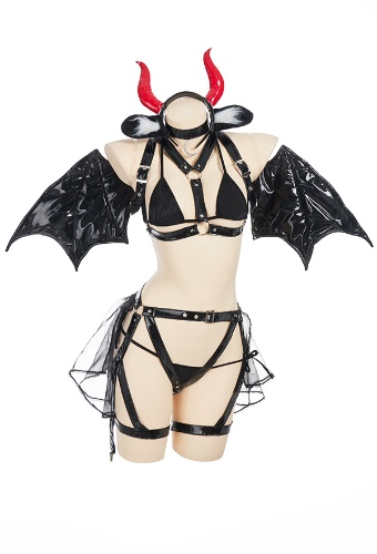Halloween Sexy Lingerie Set Devil Cow Top and Thong with Belt Set and Wings Headband Necklace