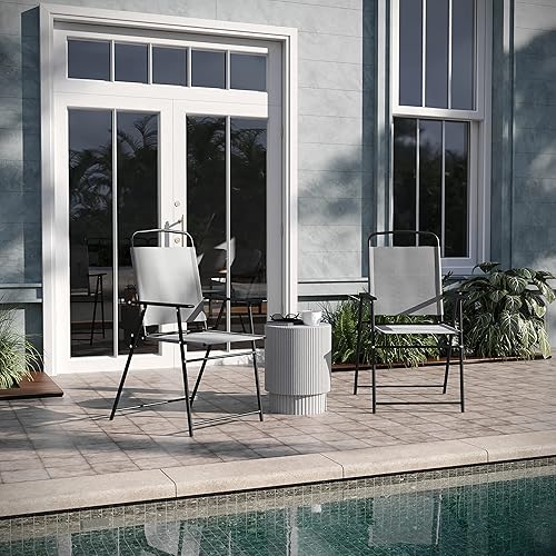 EMMA + OLIVER Munroe Folding Patio Sling Chairs - Gray - All-Weather Textilene Seat and Back - Integrated Armrests - Set of 2 - Grey