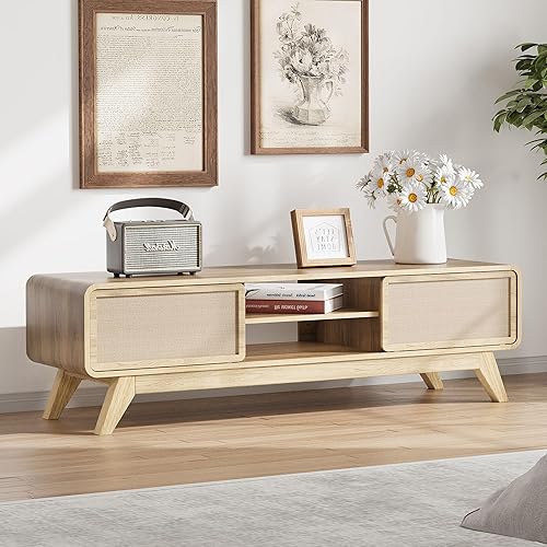 AVZEAR Boho TV Stand for 65 Inch TV, Modern Entertainment Center with Storage, Wooden TV Cabinet TV Table with Nature Linen Doors, Media Console TV Consoles for Living Room Bedroom,Office, Natural - Natural