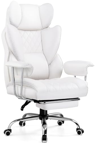 GTRACING Gaming Chair,Office Chair with Pocket Spring Lumbar Support, Ergonomic Comfortable Wide Office Desk Computer Chair with Outward Fixed Soft Armrests and Footrest (PU Leather, White) - White