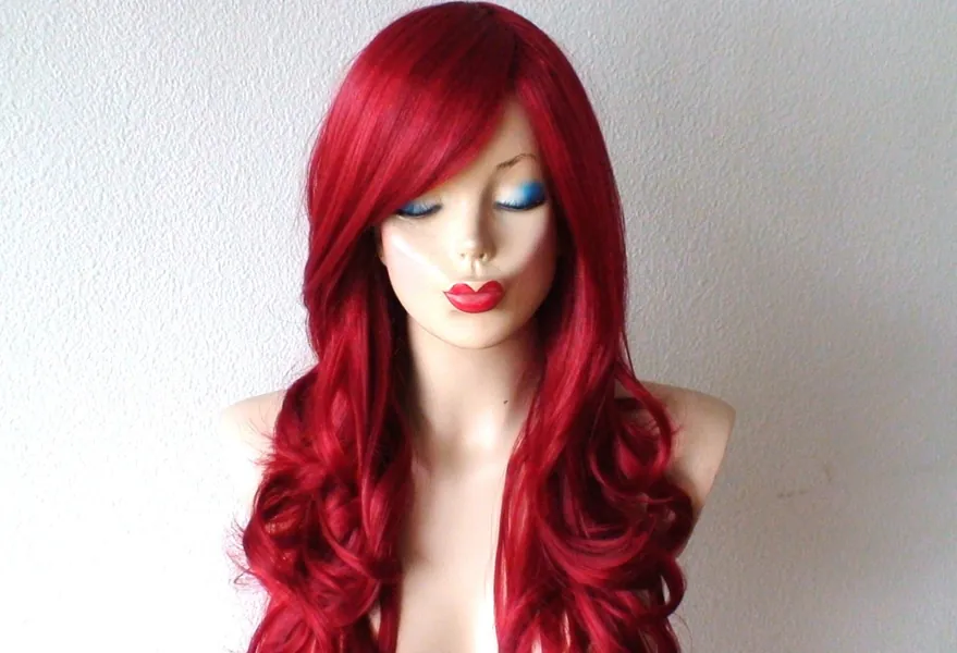 Wine Red wig. 26” Curly hair side bangs wig. Heat friendly synthetic hair wig.