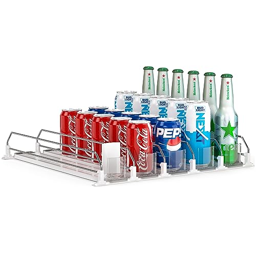 Soda Can Dispenser for Refrigerator,Self-Pushing Drink Organizer for Fridge, Width Adjustable Fridge Organization, Beer Pop Can Water Bottle Drink Dispenser for Fridge (15.1"D) White (5 Row, White) - 5 Row - White
