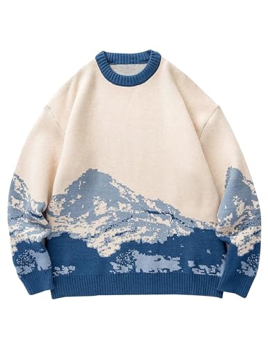 Yimoon Men Sweaters Oversized Graphic Casual Cable Knitted Jumper Pullover Cute Unisex Crewneck Retro Couple Tops - X-Large - Blue
