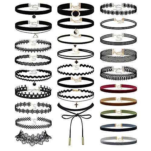 Prohouse Black Womens Chokers Gothic Collar Lace Velvet Chocker Pendant Necklaces Set for Teen Women Girls - 27 PCS