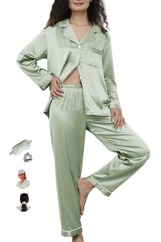 WJing Yi Jia Womens Pajama Set Silk Satin Pajamas Long 2pc Pjs Button Down Sleepwear Pj Set Loungewear - Medium - Sage