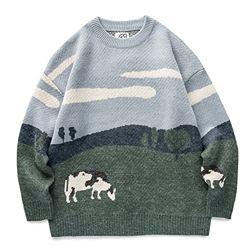 Flygo Men's Cow Sweater Harajuku Oversized Sweaters Casual Knit Pullover Sweatshirt Jumper - Large - Grey