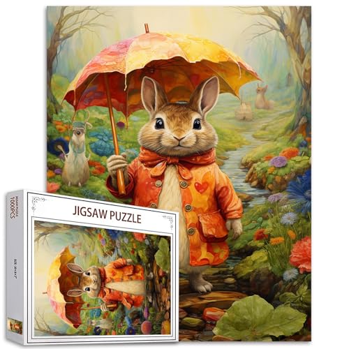 Animal 1000 Piece Jigsaw Puzzles for Adults Cute Rabbit Painting Jigsaw Puzzle Cartoon Wildlife 1000 Pieces Puzzles Game Home Wall Decor DIY Craft Tropical Forest Puzzle Art Boho Gift(Colorful) - 19.7''Wx27.6'H - Artwork-04