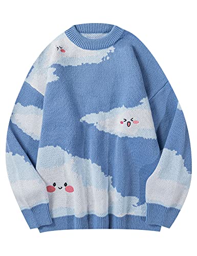 Gihuo Mens Sweater Vintage Cow Printed Sweater Pullover Sweaters Crewneck Oversized Kawaii Sweater Knit Tops Jumper - X-Large - D-blue