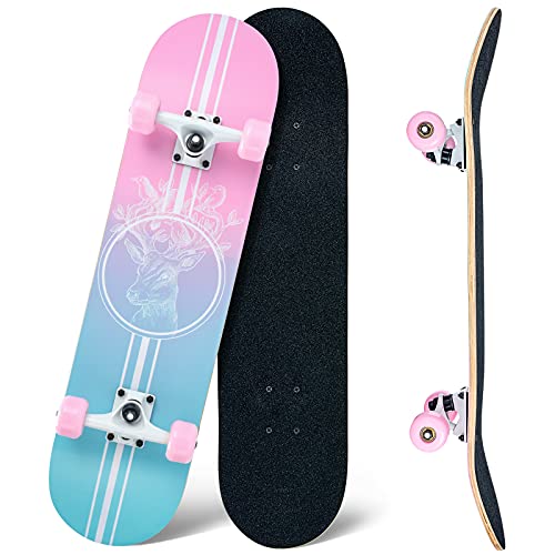 Skateboard,31 x 8 Inch Complete Skateboard, 8-Layer Maple Wood Deck Double Kick Standard Skateboards for Kids, Teens, Adult, Beginner - pink