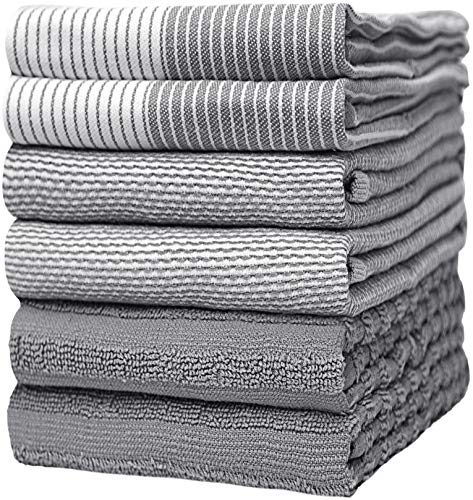 Premium Kitchen Towels 20”x 28”- 6 Pack| Large Cotton Kitchen Towels | Hand Towels for Kitchen | Flat & Terry Towel | Dish Towels | Highly Absorbent Tea Towels Set with Hanging Loop | Aqua Striped - Wide Stripe Yellow