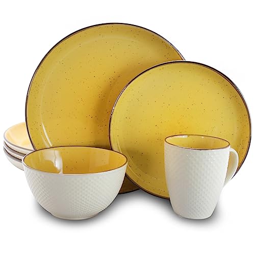 Elama Round Stoneware Luxurious Mellow Dinnerware Dish Set, 16 Piece, Bright Yellow and White - 16 Piece - Bright Yellow and White