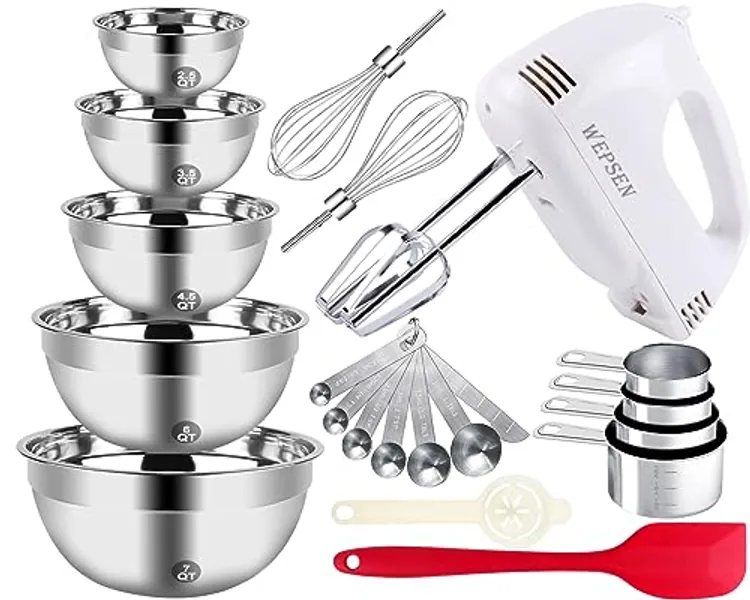 WEPSEN 5-Speed Electric Hand Mixer, 5 Large Mixing Bowls Set, Handheld Mixers with Whisks Beater, Stainless Steel Metal Nesting Bowl Measuring Cups Spoons Kitchen Cake Blender for Baking Supplies