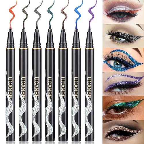 UCANBE 7 Colors Shimmer Liquid Eyeliner Makeup Set, Metallic Satin Finish Colorful Sparkling Eye Liner Pen, Long Lasting High Pigmented with Waterproof & Smudge Proof Formula - Multi-color_7pc