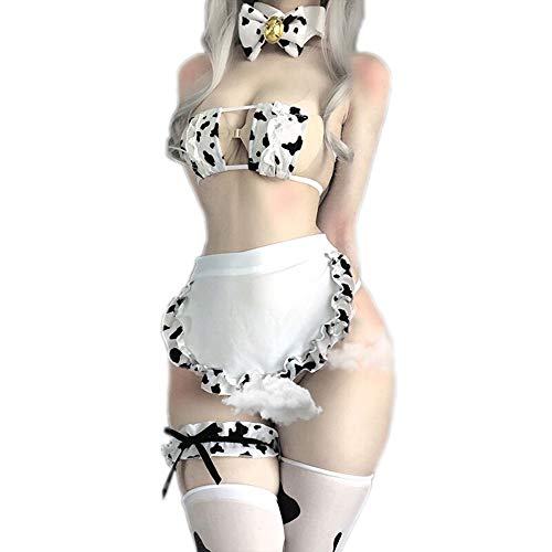 paloli Womens Anime Cow Cosplay Bikini Lolita Kawaii Bra and Panty Set Japanese Underwear White Stocking - One Size - Milk Set-3