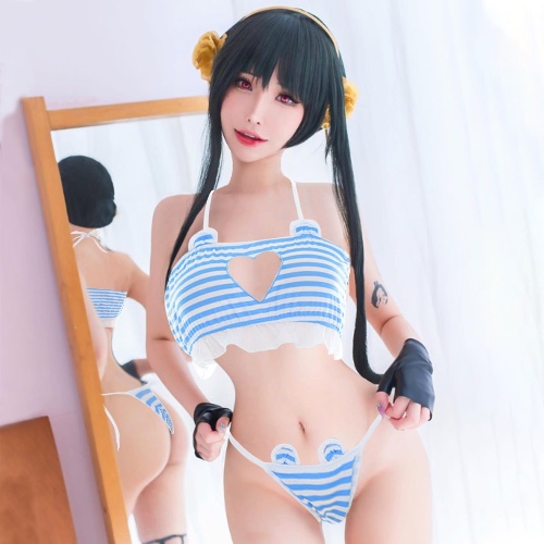 Striped Anime Lingerie Set - Blue / L