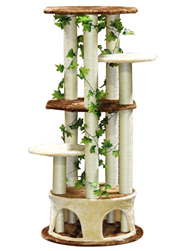 Go Pet Club 61" Circular Base Jungle Forest Leaves Collection Luxury Cat Tree Condo Kitty Climber Furniture with Platforms and High Perches, Beige/Black - Overall Size : 28"W x 23.5"L x61"H
