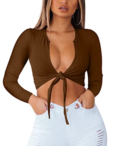 BORIFLORS Women's Sexy Tie Up Crop Top Short Sleeve Deep V Neck Casual Basic T Shirt - Medium - Z-coffee