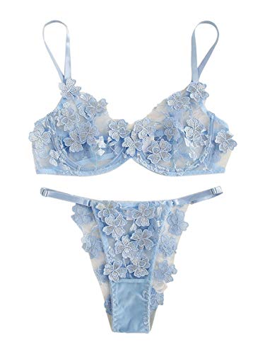 Floerns Women's Sexy Applique Lace Underwire Bra Top and Thong Lingerie Set - Medium - Blue