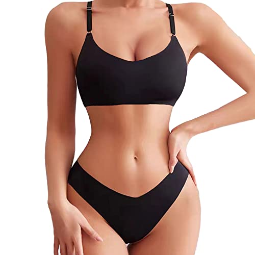 FGZ Bra and Panty Sets for Women Seamless Bralettes Lingerie Sexy Sets Comfortable Sports V Neck Bras Panty Thongs Sets - Medium - Black