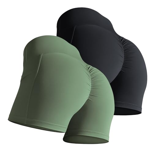 Workout Shorts for Women 2 Pcs Pack Cross Waist Active Gym Spandex Stretchy Yoga Compression with Side Pockets - Medium - A-black+bronze Green