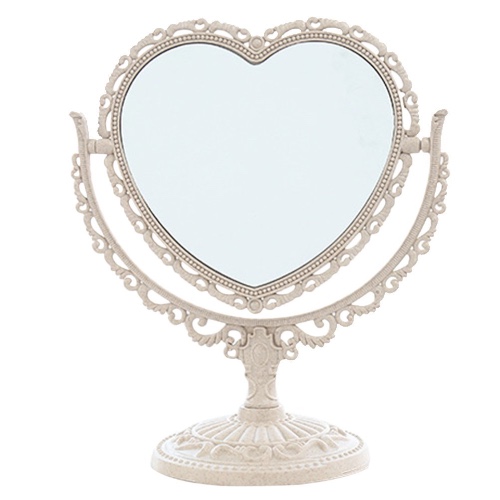 Cute Heart Shaped Mirror Double-Sided Rotatable Dresser Mirror, Room Decor Princess Mirror Vanity Makeup Mirror for Desk, Bathroom Bedroom Mirror-Beige, JD005 - 