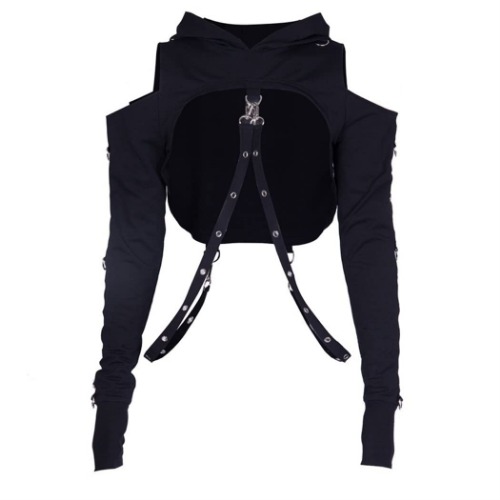 Goth Crop Top Hoodies For Women Hoodie Aesthetic Punk Black Sweatshirt Rave Outfit Emo Teen Girls Long Sleeve - Black Hollow Out Hoodie Medium