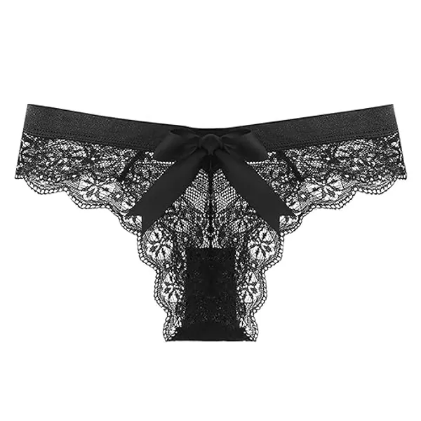 KUAOPATA Women's Lace Bow Thongs T Back Low Waist Breathable Panties Sexy Seamless V-Shape Design Floral Lace tangas - Medium - Black