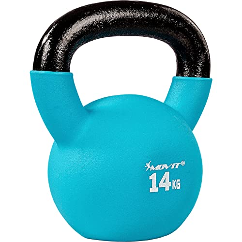 MOVIT Kettlebell PRO, Kugelhantel aus Gusseisen mit Neoprenbeschichtung, 12 Varianten: 2 bis 24 kg, schadstoffgeprüft, Schwunghantel Kugelgewicht - g - 14,0 kg (hellblau)