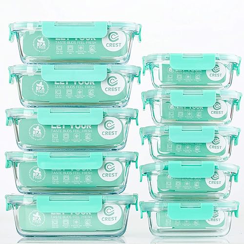 C CREST [10-Pack] Glass Food Storage Containers with Lids, Airtight, BPA Free, Meal Prep Containers for Kitchen, Home Use - Light Green