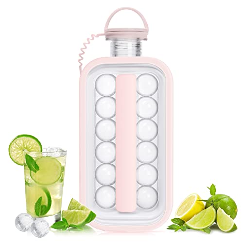 LittleStar Ice Cube Trays 2 in 1 Portable Ice Ball Maker Kettle With 17 Grids Flat Body Lid Cooling Ice Pop/Cube Molds For Hockey,Cocktail,Coffee,Whiskey,Champagne,Beer,Juice,Water (Pink) - Pink