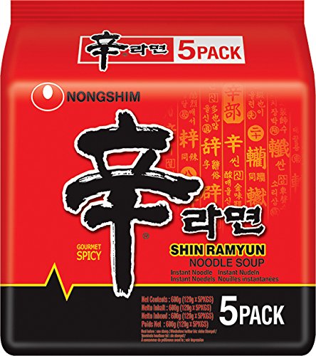 Nongshim Shin Ramyun Noodle Soup, 5 Pack, 600 g, Red & Black, Large