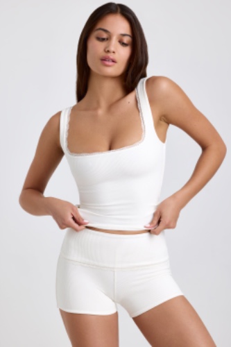 Ribbed Modal Lace-Trim Tank Top in White | L