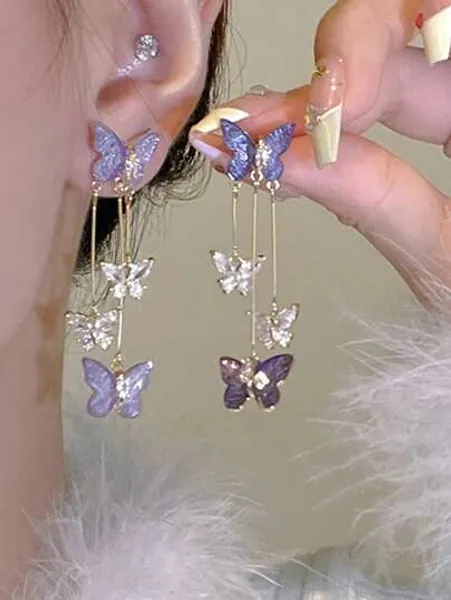 1 Paar Lila Schmetterlings-design Lange Quasten Ohrringe Von Hervorragender Feengüte, Jeden Tag Zubehör