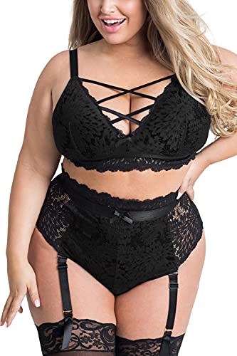 EVELUST Plus Size Lingerie for Women - Sexy Luxe Criss-cross Bra Lace Cup Classic Underwear High Waisted Suspender Set - 3X-Large - Black
