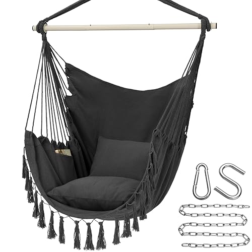 Y- STOP Hammock Chair Hanging Rope Swing, Max 500 Lbs, 2 Cushions Included, Large Macrame Hanging Chair with Pocket, Cotton Weave for Superior Comfort, Durability (Dark Grey) - A-dark Grey