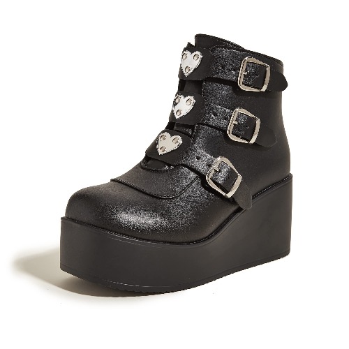 LUCKY STEP Women Platform Chunky Ankle Boots - Round Toe Zipper Wedges High Heels Rave Buckle Thick Sole Goth Booties - 9 US - Black