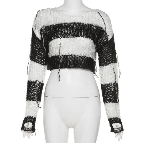 'From the Crypt' Striped Black & White Cropped Goth Sweater - Black / S