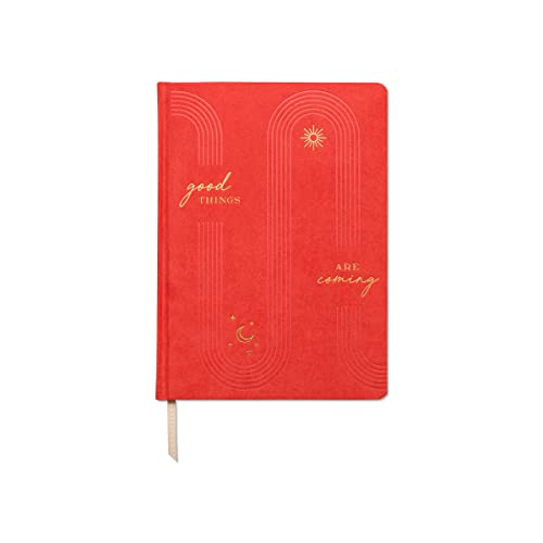 DesignWorks Ink "Good Things Are Coming Sueded Paper 8.5" x 10.25" Orange Jumbo Journal Notebook with Cloth Cover, Gold Arches Accents, Lined Pages, Ribbon Marker for Work, Writing, Journaling - Good Things - Burnt Orange