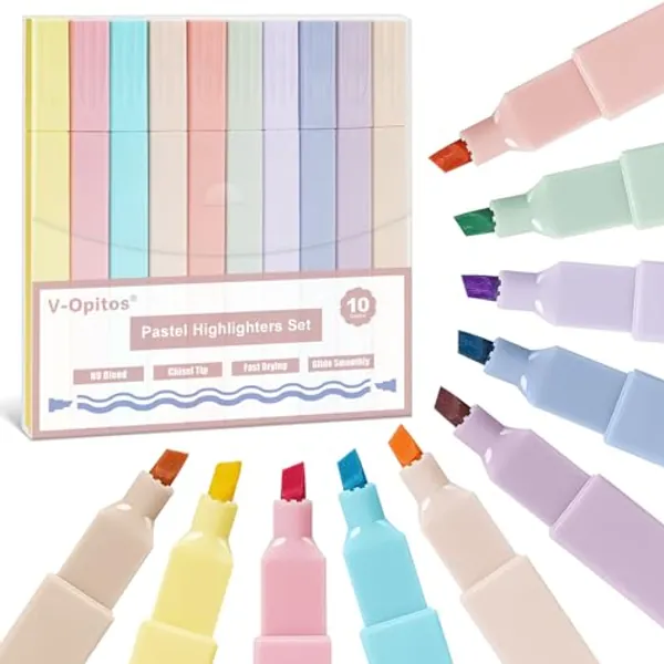 V-Opitos Highlighters Set in 10 Assorted Pastel Colors, No Bleed Bible Highlighters, Soft Chisel Tip, Aesthetic Cute Highlighters, Ideal School Office Supplies