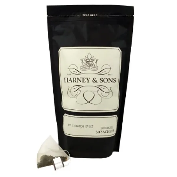 Harney and Sons Hot Cinnamon Spice | Bag of 50 Sachets, Black Tea w/ Orange Pieces, Cinnamon, and Clove
